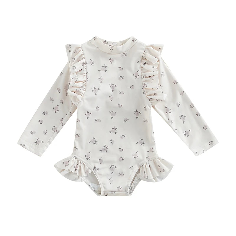 Tregren Kids Baby Girls Swimsuit Sweet Long Sleeve Crew Neck Floral Plaid Swimwear Summer Bathing Suit Swimming Pool Beachwear