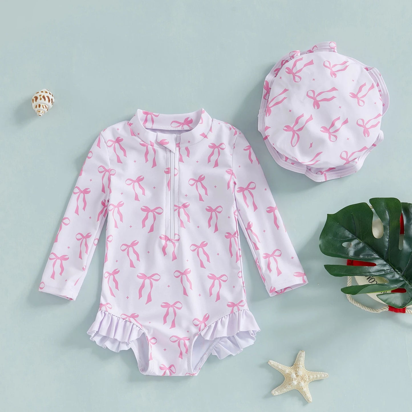 FOCUSNORM 0-3Y Lovely Infant Baby Girls Swimsuit Romper Long Sleeve O Neck Bow Print Bathing Suit Beach Swim Jumpsuits with Hat