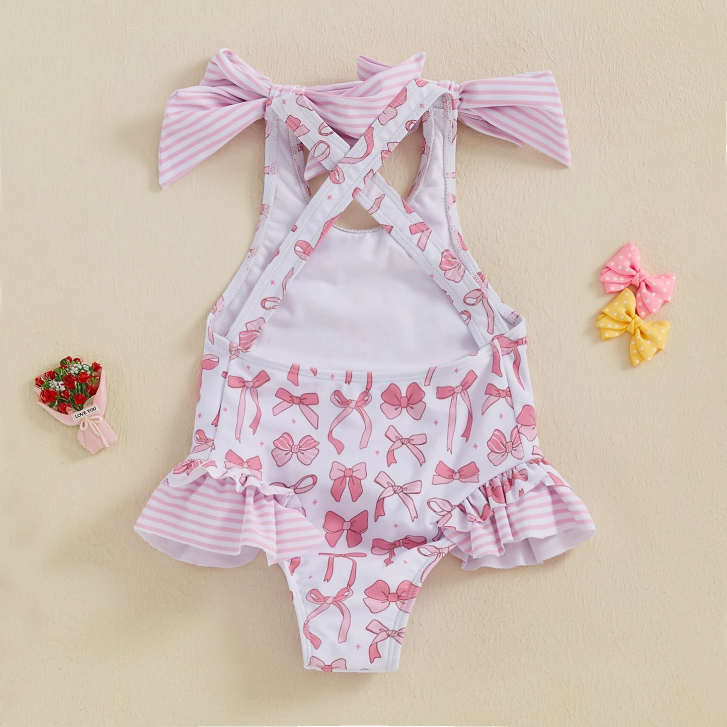 MISOWMNJOY Bows Kids Girls Swimsuit Princess Bowknot Print Ruffles Beachwear Sleeveless Cross Backless Summer Beach Bathing Suit