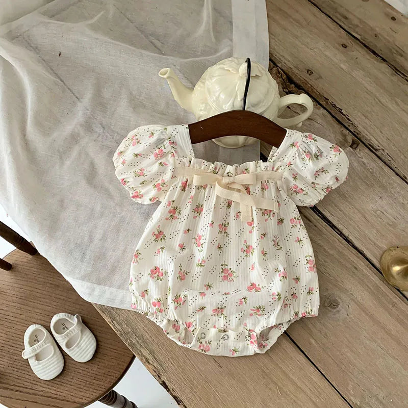 0-2 Years Old Newborn Baby Girl Summer Floral Puff Sleeve Romper with Bow-tie Princess Baby Rompers