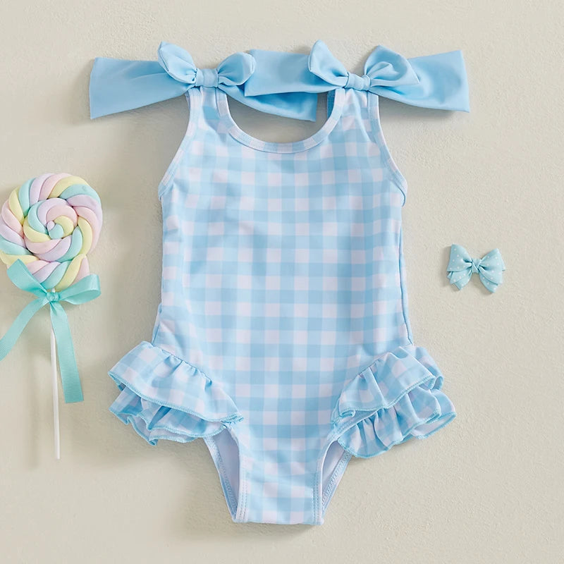 Toddler Baby Girls Swimsuit Romper Plaid Ruffles Two Bowknot Decor Beachwear Sleeveless Summer Beach Bathing Suit