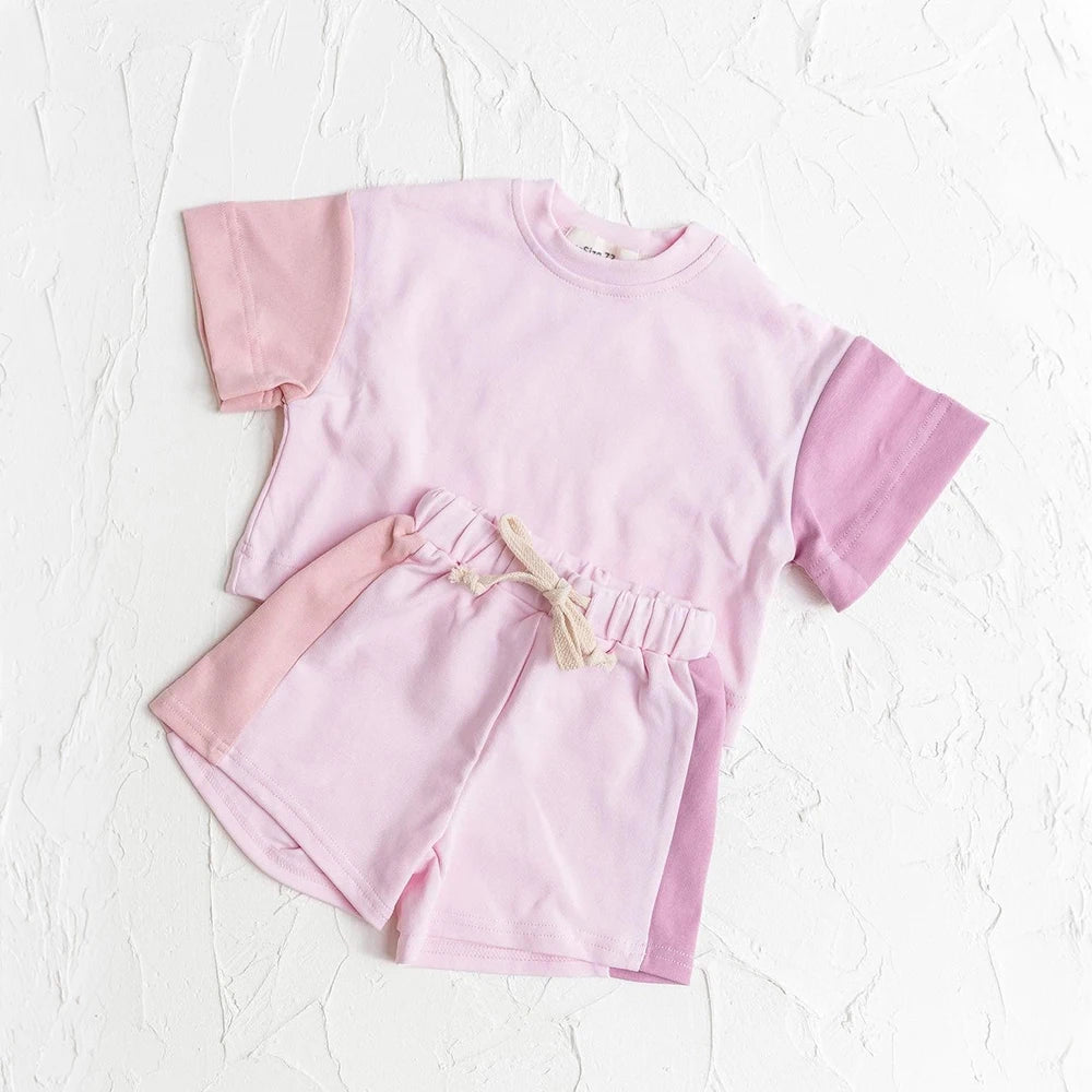 Summer Toddler Cotton Short Sleeve Top+Shorts Set Stitching Color Clothes