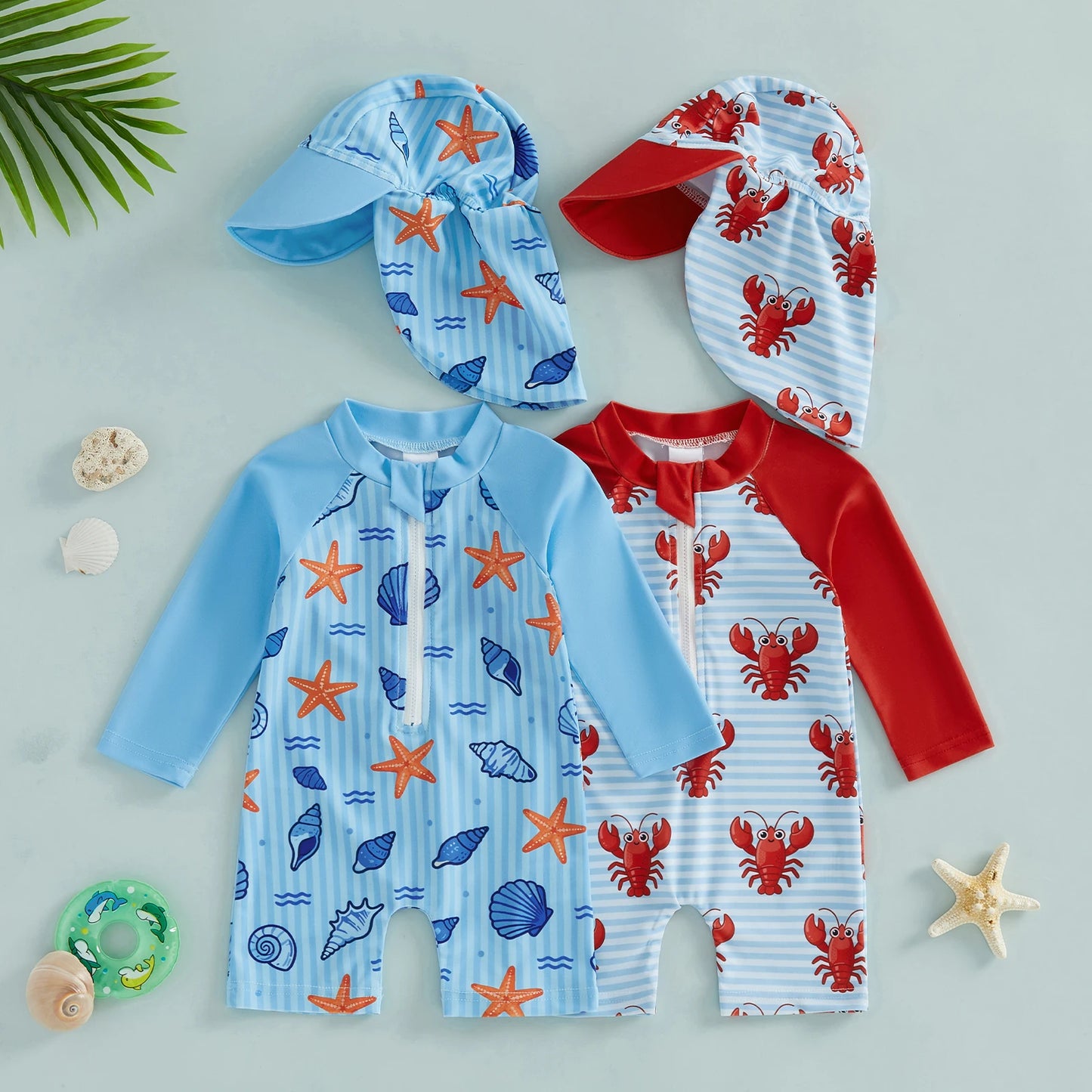 2Pcs Toddler Baby Boys Swimsuit Set Crew Neck Long Sleeve Lobster Print Upper Zipper Rash Guard Swimwear and Sun Hat