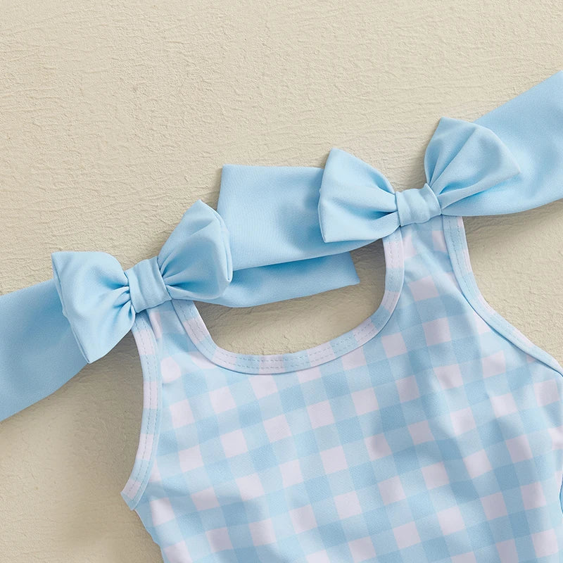 Toddler Baby Girls Swimsuit Romper Plaid Ruffles Two Bowknot Decor Beachwear Sleeveless Summer Beach Bathing Suit
