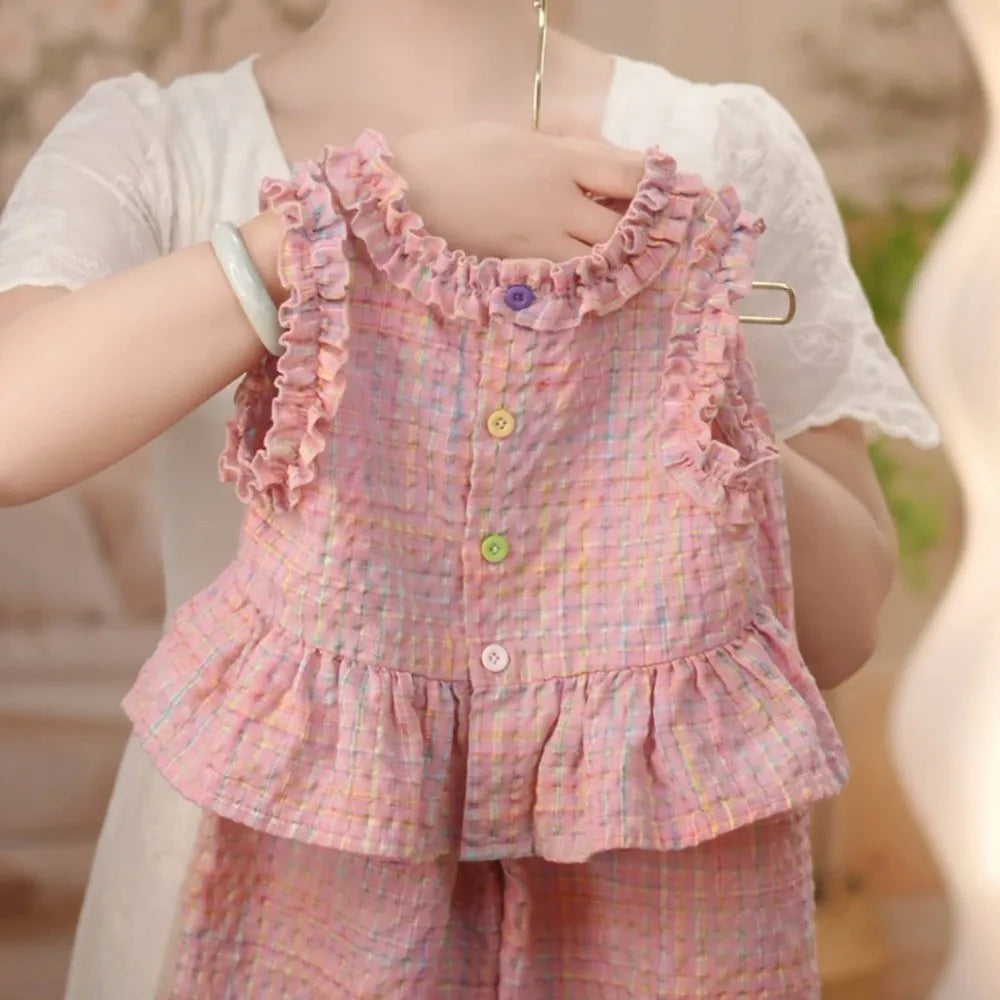 Bear Leader Children's Clothing Girls' Pink Clothing Summer Lace Contrasting Plaid Tank Top+Wide Leg Pants Two-piece Sets