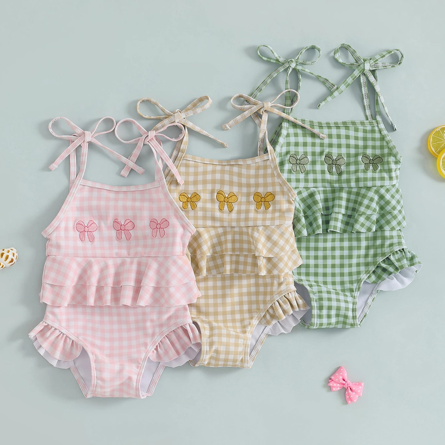 MISOWMNJOY Baby Strap Beachwear for Girls Swimsuit Cute Spaghetti Straps Tie-up Embroidery Bow Plaid Kids Swimming Bathing Suit