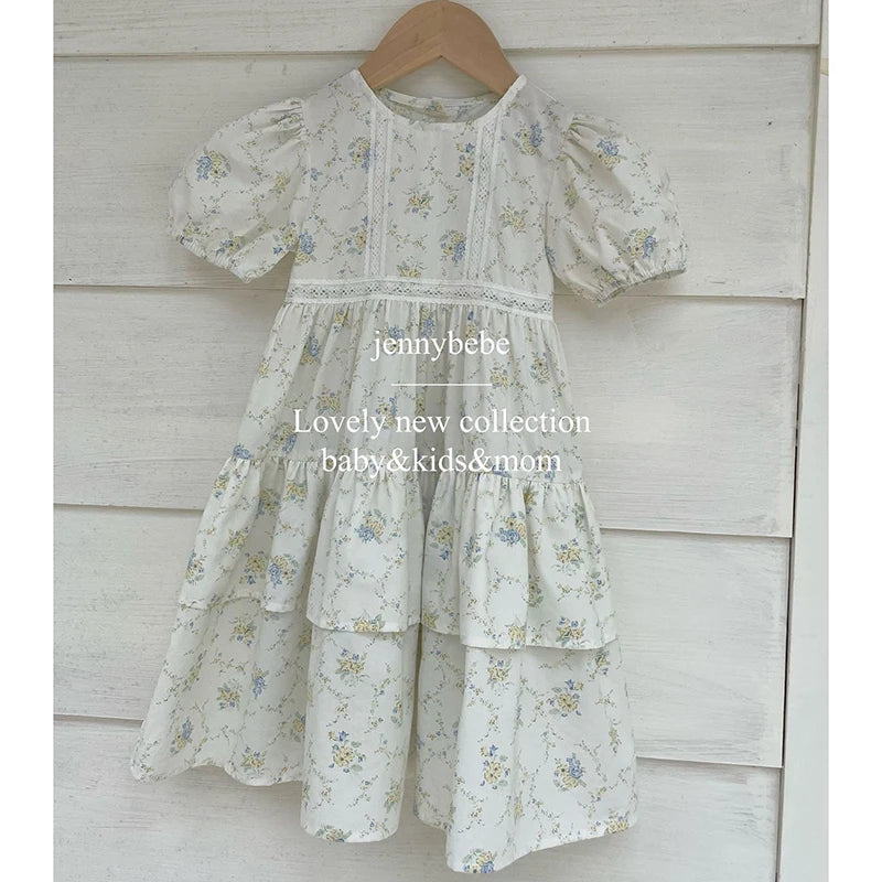 Girls Floral Lace Dress Ruffle Baby Romper Dress Summer Kids Short Sleeve Beach Dresses Toddler Bodysuit Sister Family Clothes