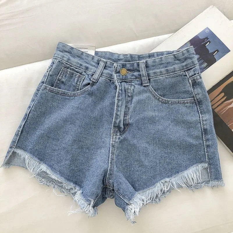 New Summer Women High Waist Raw Hem Denim Shorts