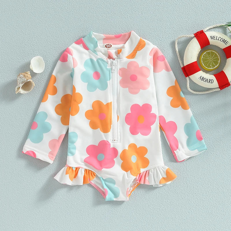 Tregren 1-5Y Toddler Kid Baby Girls Swimsuit Children Floral Print Zipper Swimwear Long Sleeve Beachwear Summer Bathing Suit