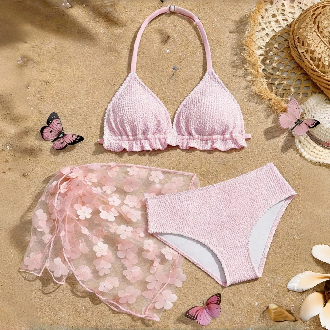Tween And Teen Girl 3pcs Bikini Sets 3D Floral Mesh Beach Skirt 7-16 Years Kids Girl Swimsuit Cute Casual Big Girl Bathing Suit