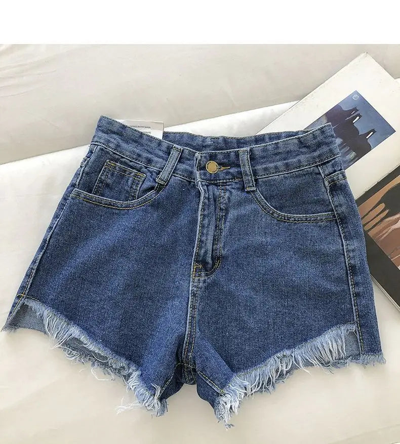 New Summer Women High Waist Raw Hem Denim Shorts