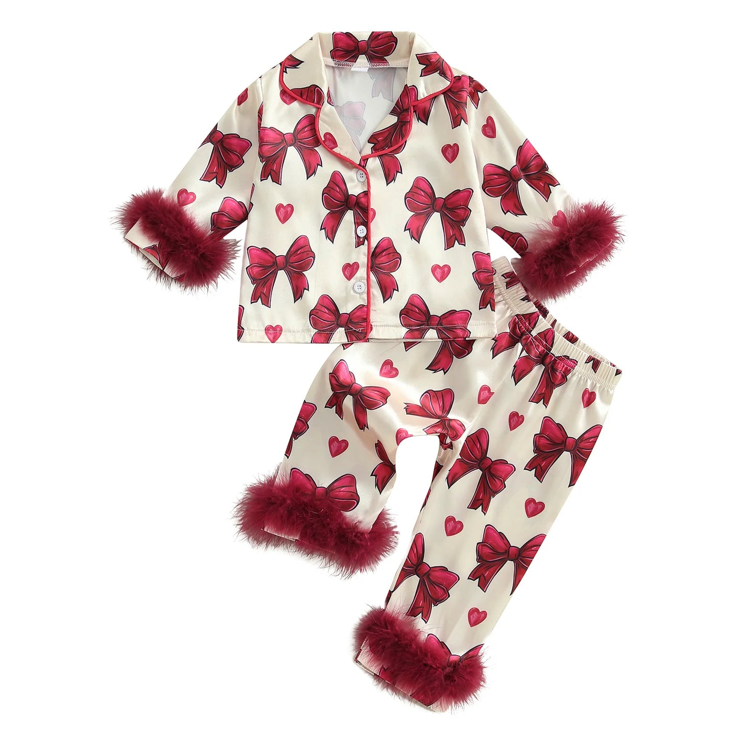 Kid Girl Satin Pajamas Set Bow Print Feather Cuffs Long Sleeve Lapel Button Down Tops with Pants Sleepwear