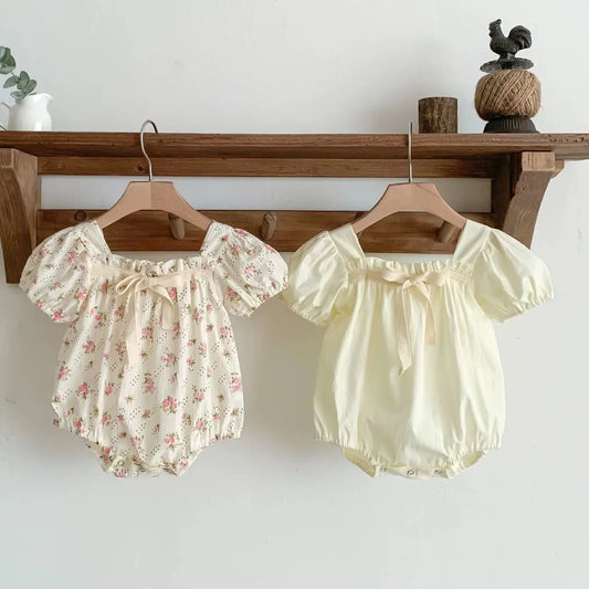 0-2 Years Old Newborn Baby Girl Summer Floral Puff Sleeve Romper with Bow-tie Princess Baby Rompers