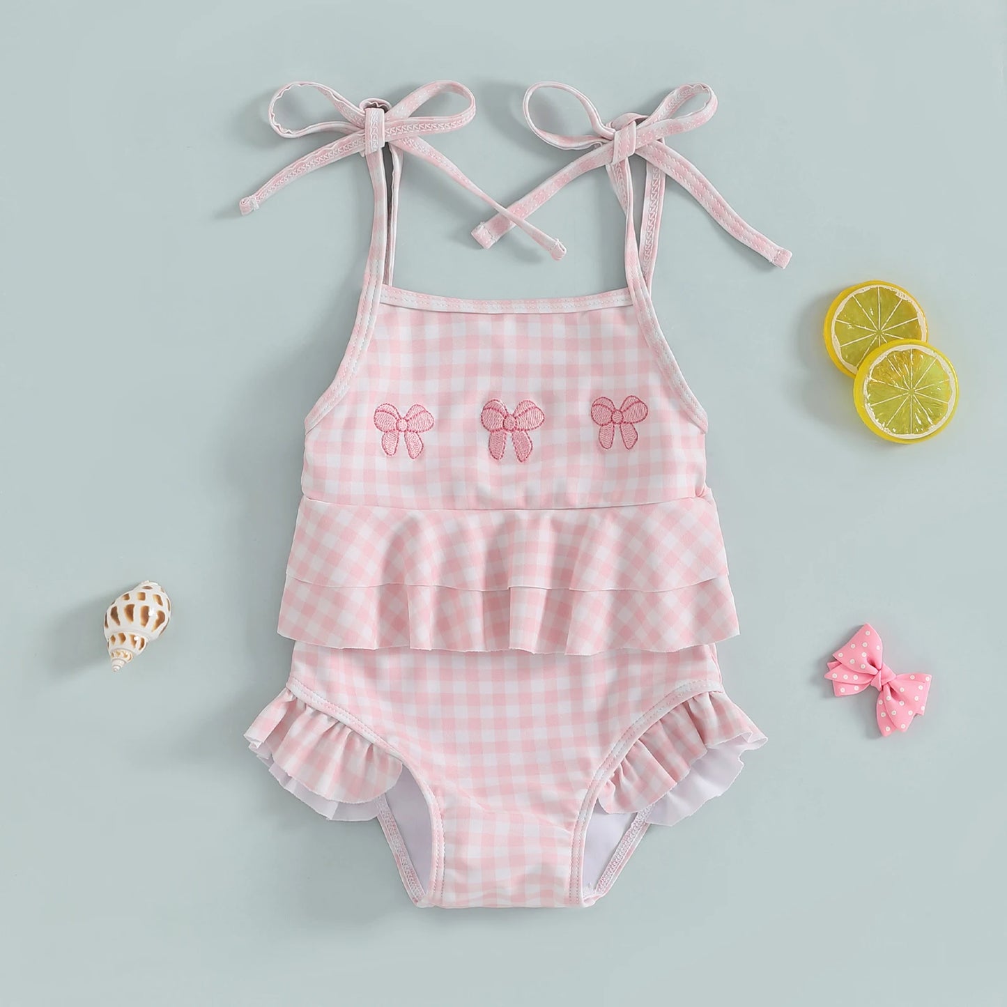 MISOWMNJOY Baby Strap Beachwear for Girls Swimsuit Cute Spaghetti Straps Tie-up Embroidery Bow Plaid Kids Swimming Bathing Suit