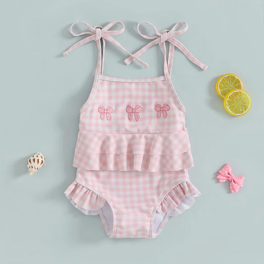 MISOWMNJOY Baby Strap Beachwear for Girls Swimsuit Cute Spaghetti Straps Tie-up Embroidery Bow Plaid Kids Swimming Bathing Suit