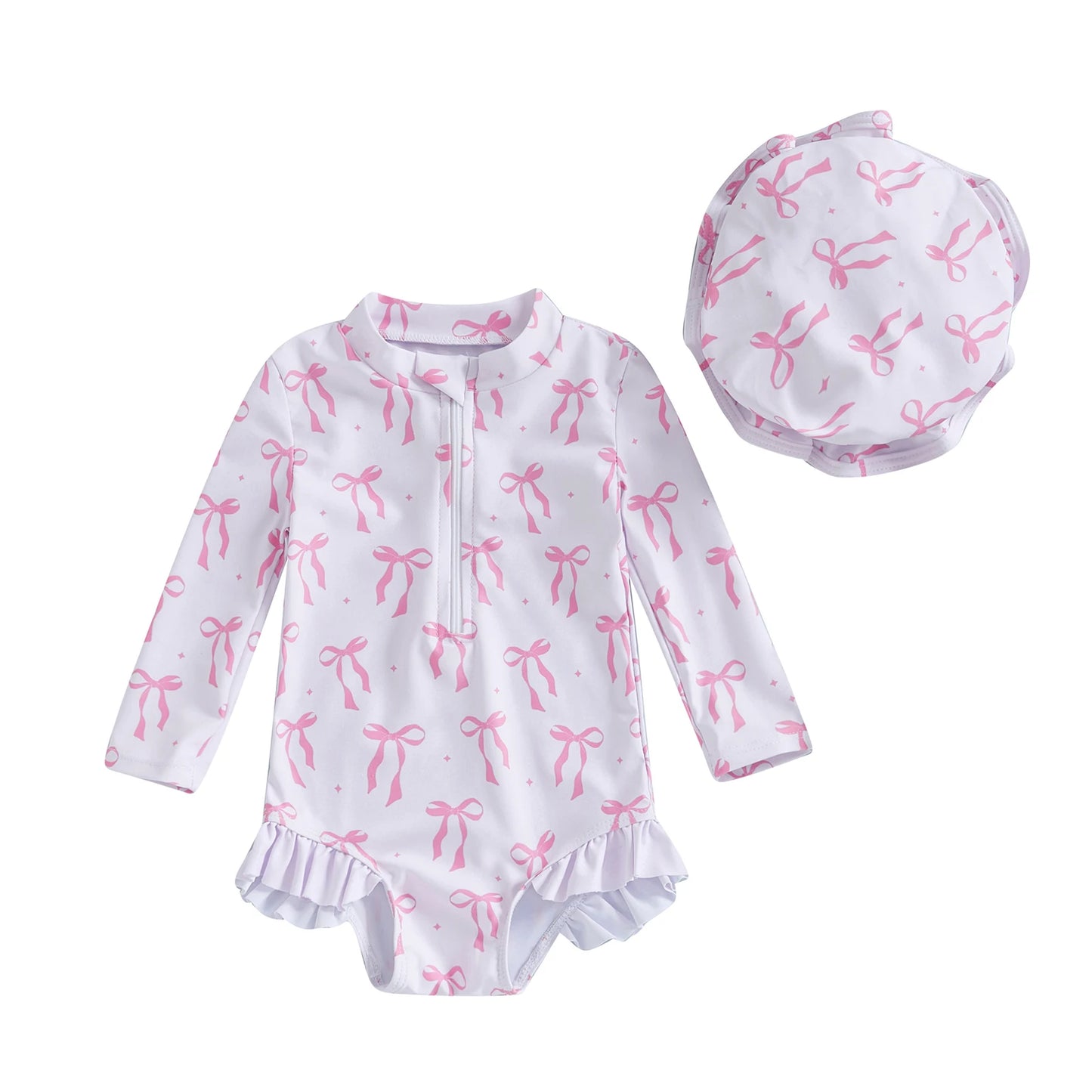 FOCUSNORM 0-3Y Lovely Infant Baby Girls Swimsuit Romper Long Sleeve O Neck Bow Print Bathing Suit Beach Swim Jumpsuits with Hat