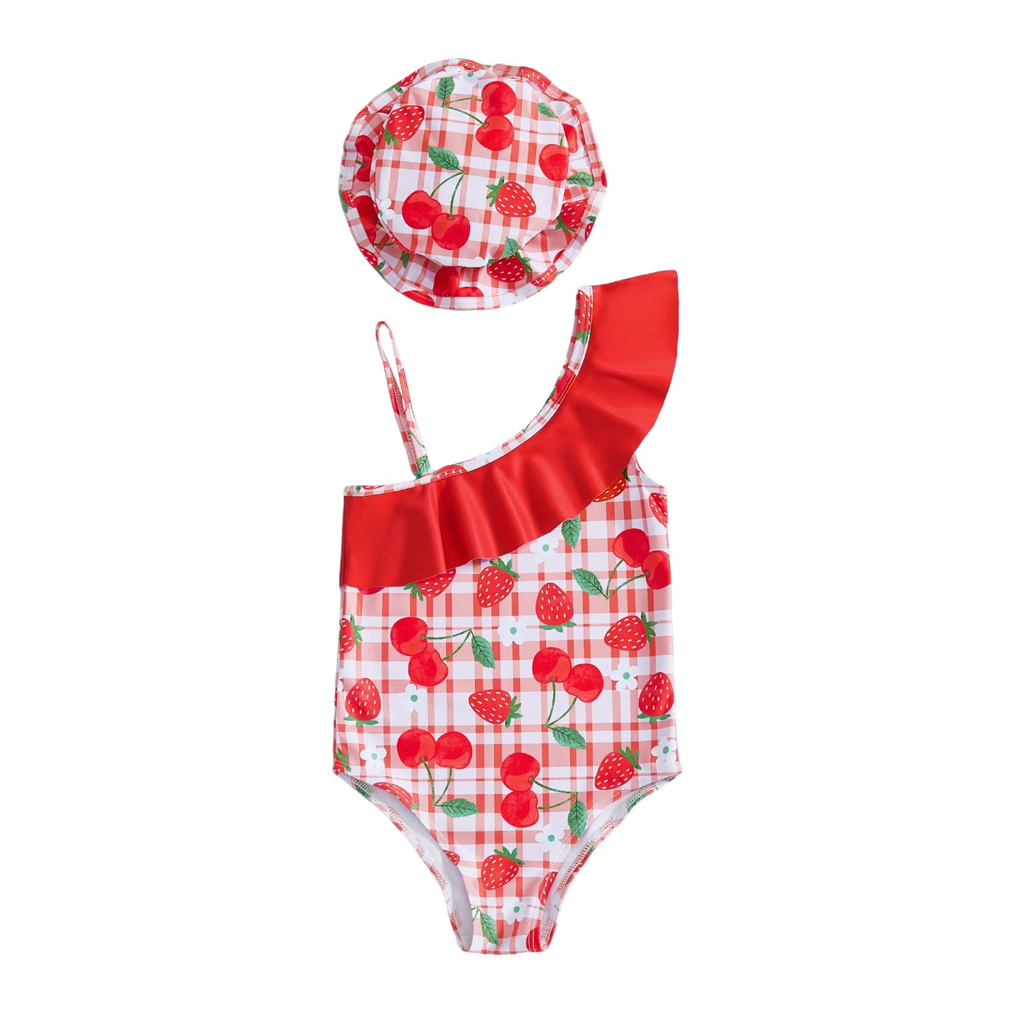 Toddler Baby Girls Swimsuit with Hat 2 Pcs Set Cherry Bow Strawberry Print Ruffled Trim Spaghetti Strap Sleeveless Swimwear
