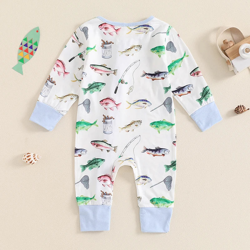 Casual Romper Long Sleeve Crew Neck Fish Print Oblique Zipper Jumpsuit