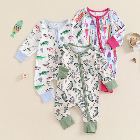 Casual Romper Long Sleeve Crew Neck Fish Print Oblique Zipper Jumpsuit