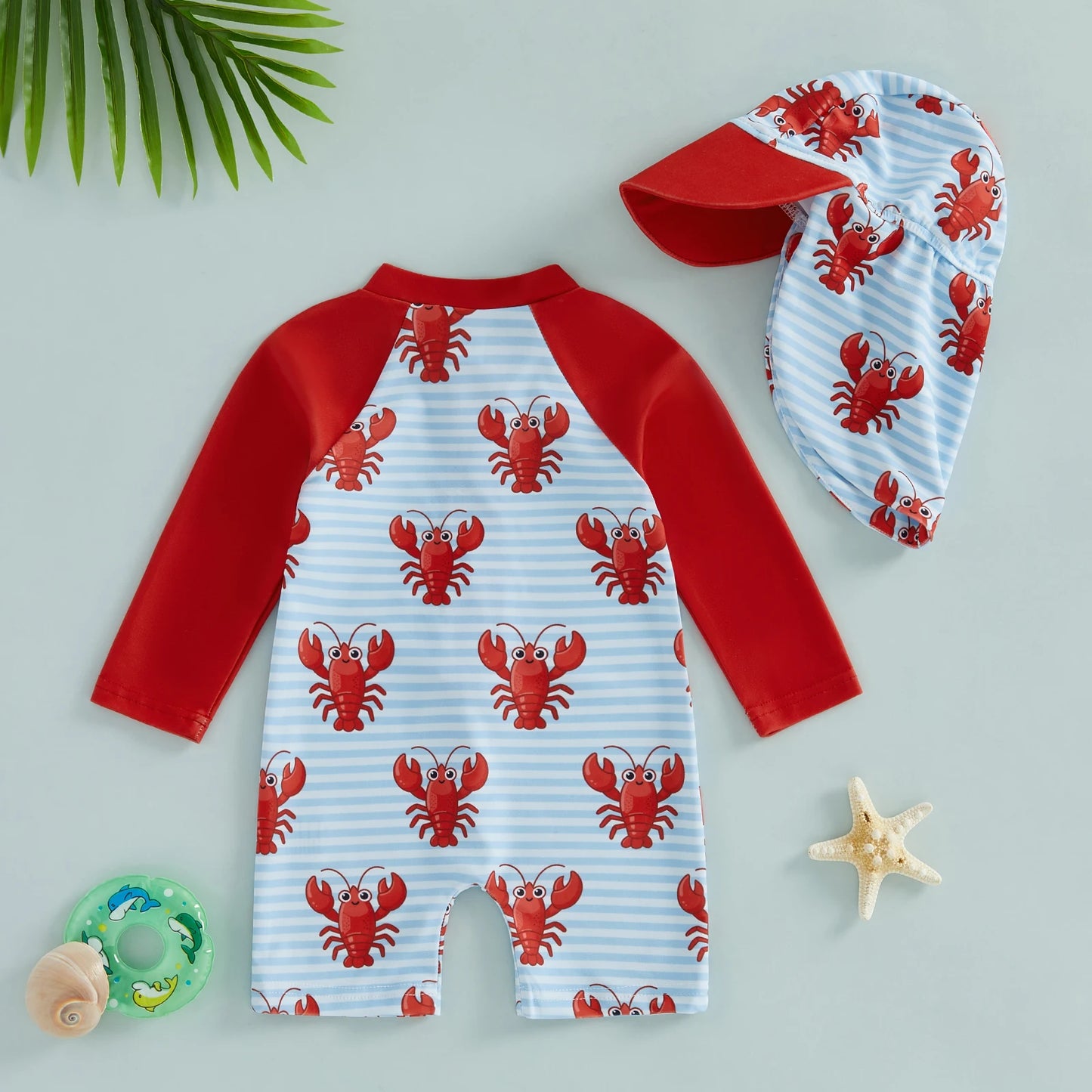 2Pcs Toddler Baby Boys Swimsuit Set Crew Neck Long Sleeve Lobster Print Upper Zipper Rash Guard Swimwear and Sun Hat