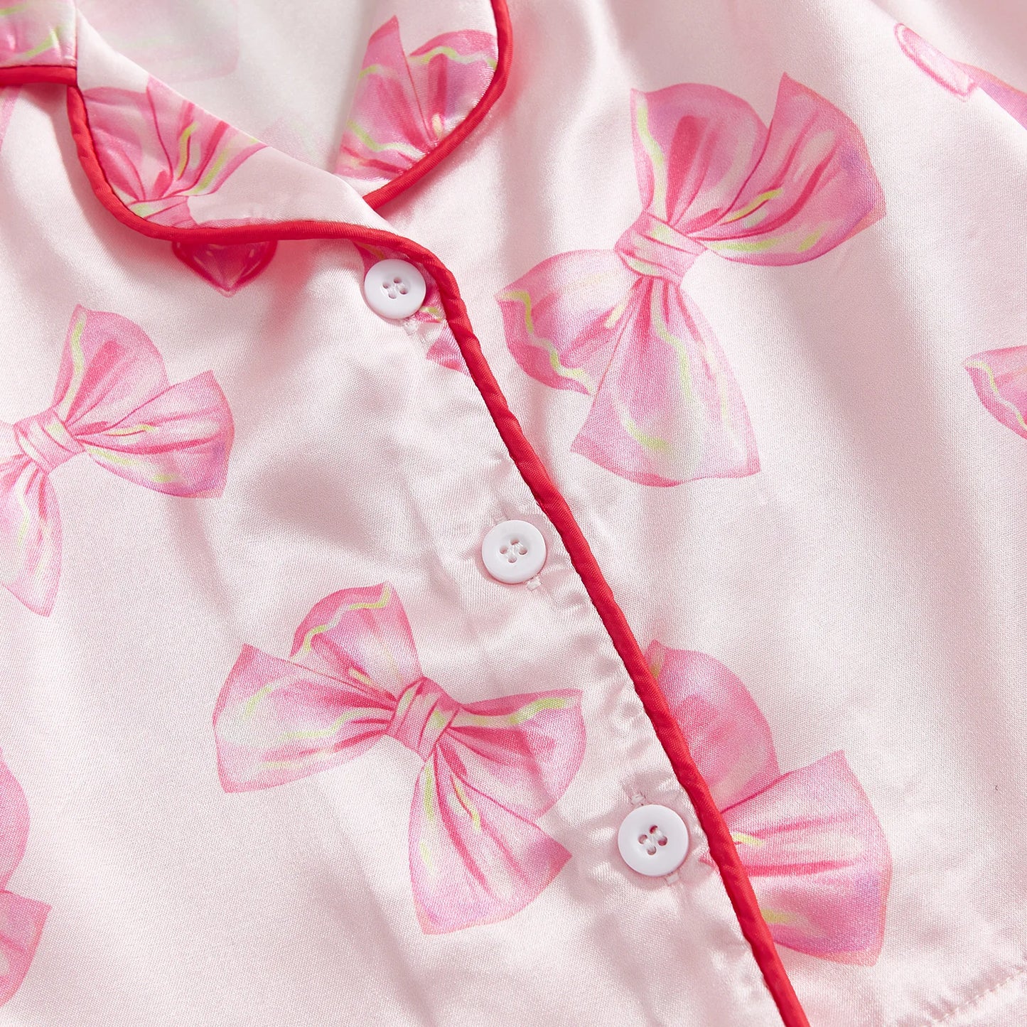 Kid Girl Satin Pajamas Set Bow Print Feather Cuffs Long Sleeve Lapel Button Down Tops with Pants Sleepwear