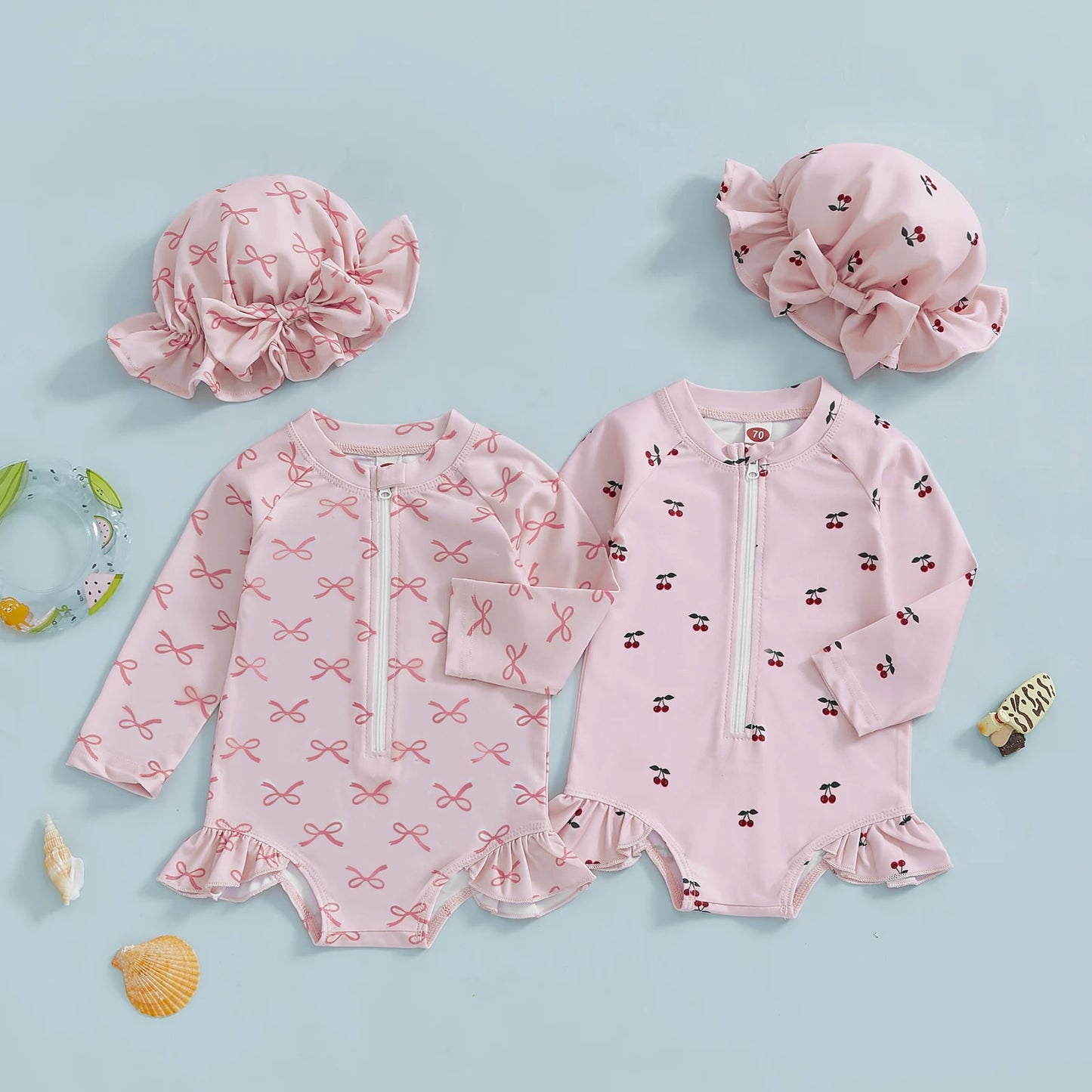 Toddler Baby Girl Rash Guard Swimsuit with Sun Hat 2 Piece Beachwear Children Long Sleeve Bow/Cherry Print Bathing Suit Swimwear