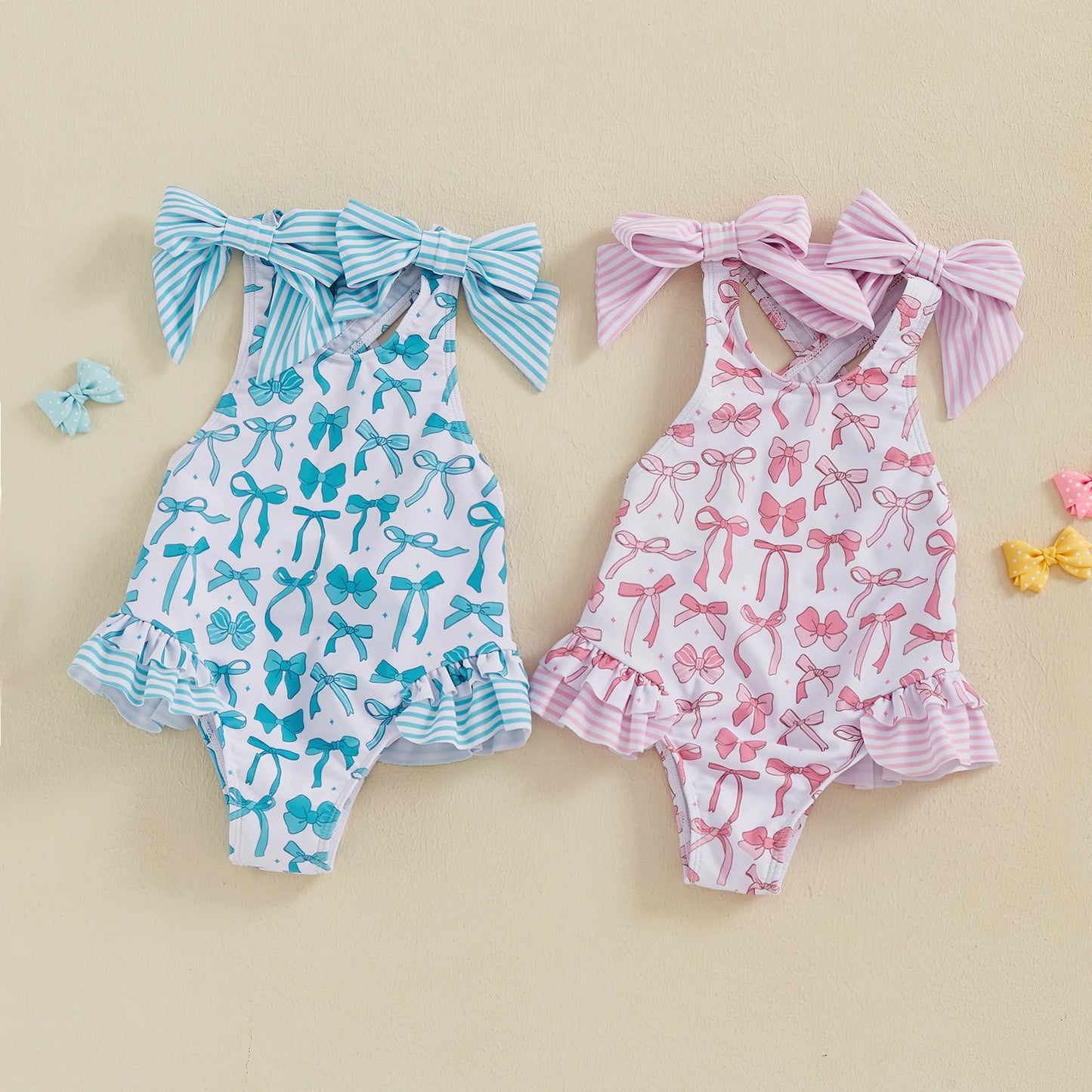 MISOWMNJOY Bows Kids Girls Swimsuit Princess Bowknot Print Ruffles Beachwear Sleeveless Cross Backless Summer Beach Bathing Suit