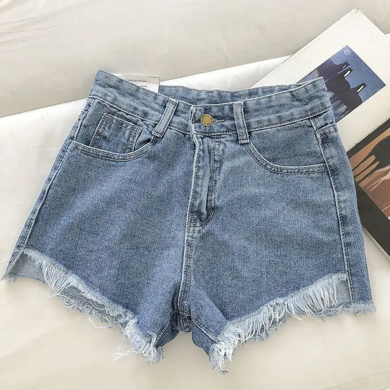 New Summer Women High Waist Raw Hem Denim Shorts