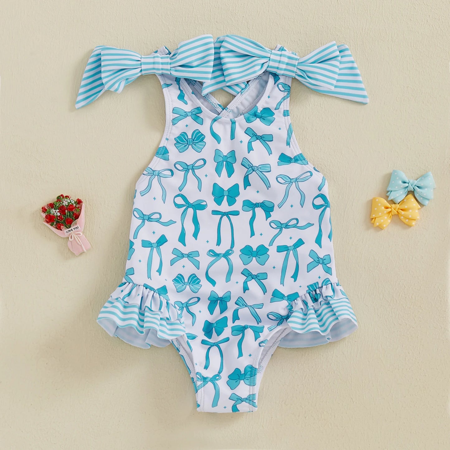 MISOWMNJOY Bows Kids Girls Swimsuit Princess Bowknot Print Ruffles Beachwear Sleeveless Cross Backless Summer Beach Bathing Suit