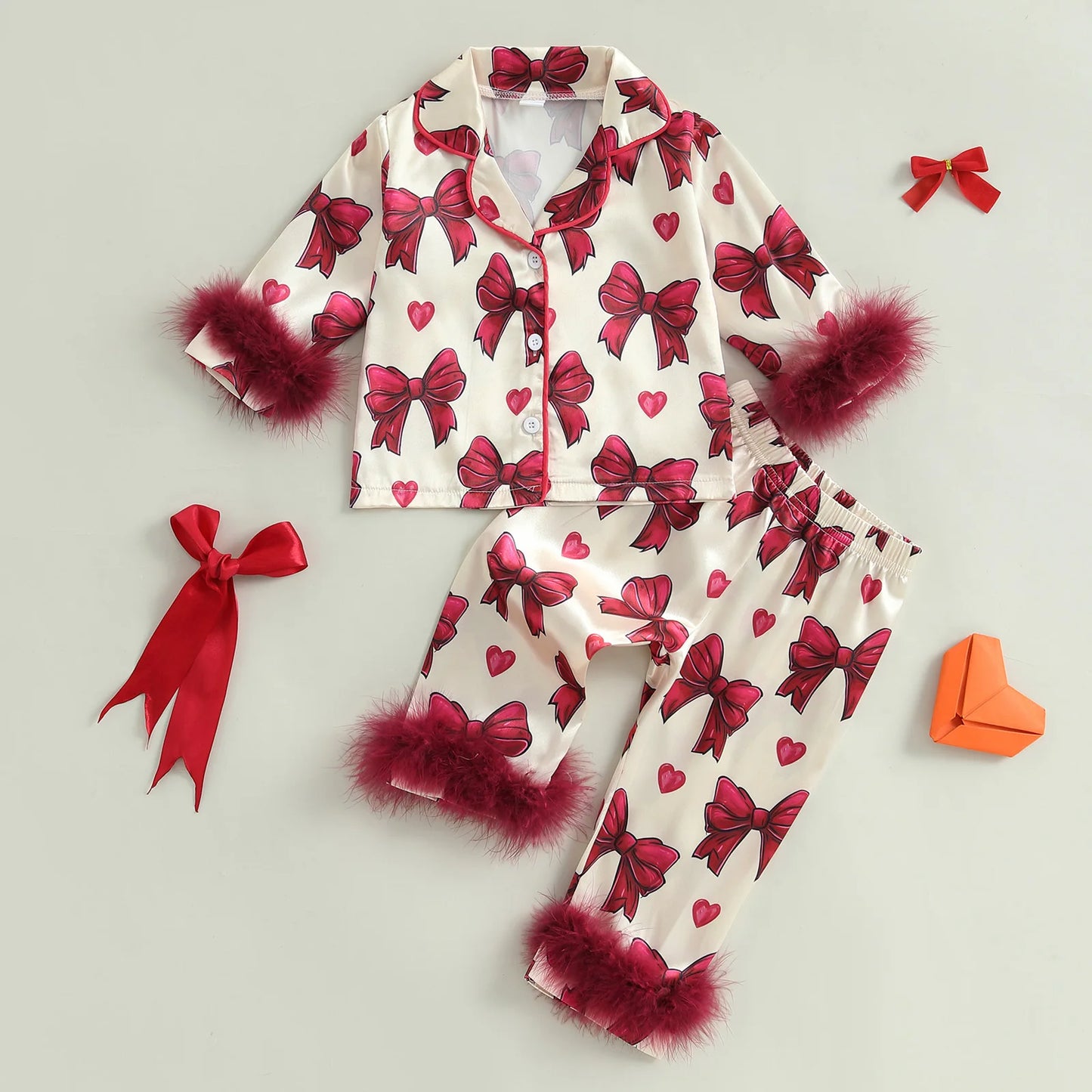 Kid Girl Satin Pajamas Set Bow Print Feather Cuffs Long Sleeve Lapel Button Down Tops with Pants Sleepwear