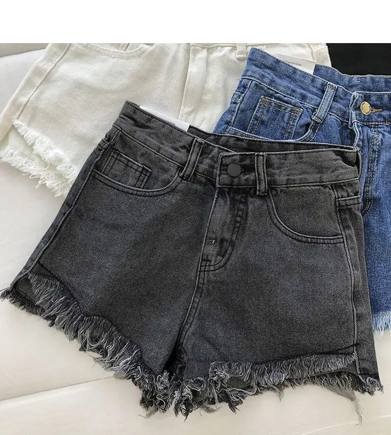 New Summer Women High Waist Raw Hem Denim Shorts