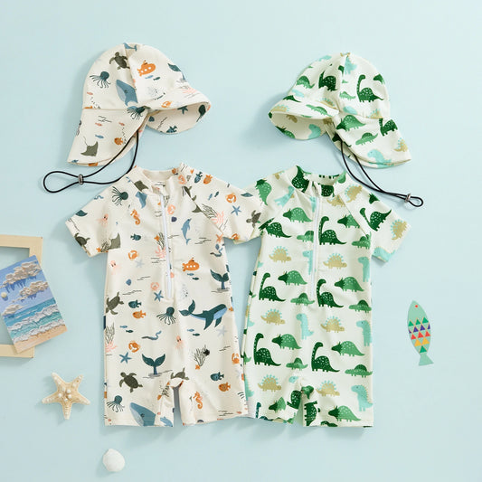 Infant Baby Boys Swimsuit Sun Protection Bathing Suit Toddler Short Sleeve Animal Print Zipper Swimwear + Hat Children Beachwear