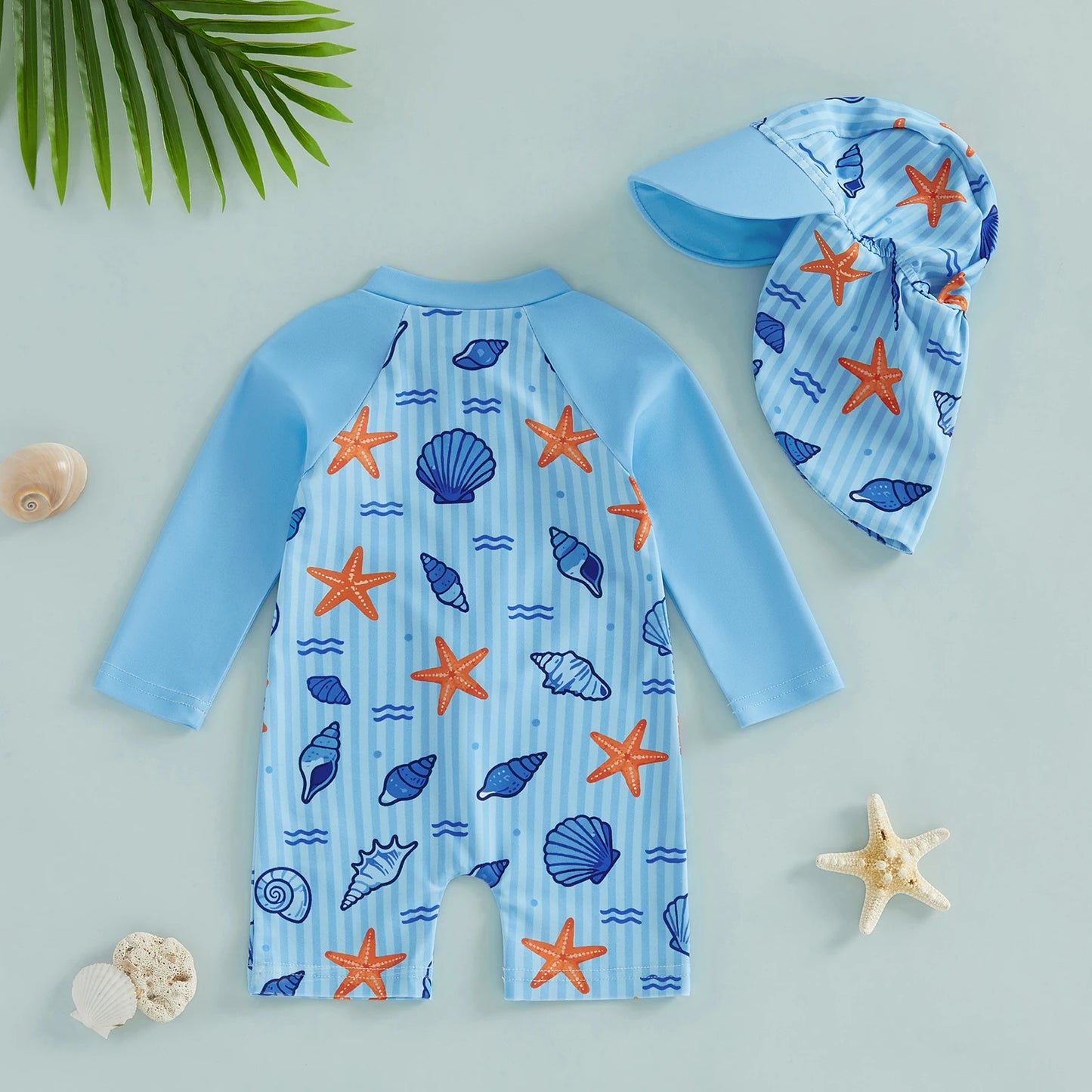 2Pcs Toddler Baby Boys Swimsuit Set Crew Neck Long Sleeve Lobster Print Upper Zipper Rash Guard Swimwear and Sun Hat