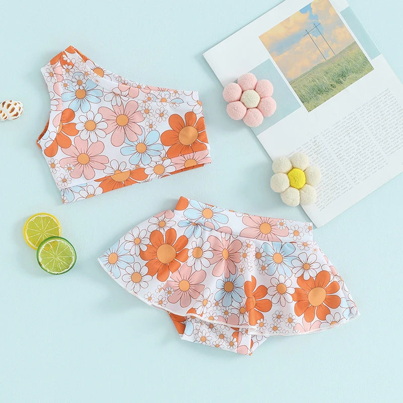 FOCUSNORM 0-4Y Toddler Kids Girls Swimsuit 2pcs Flowers Print One Shoulder Sleeveless Tops + Elastic Waist Swim Shorts