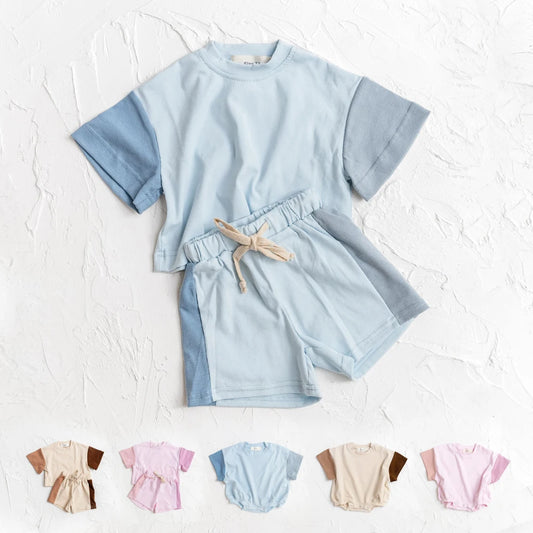 Summer Toddler Cotton Short Sleeve Top+Shorts Set Stitching Color Clothes