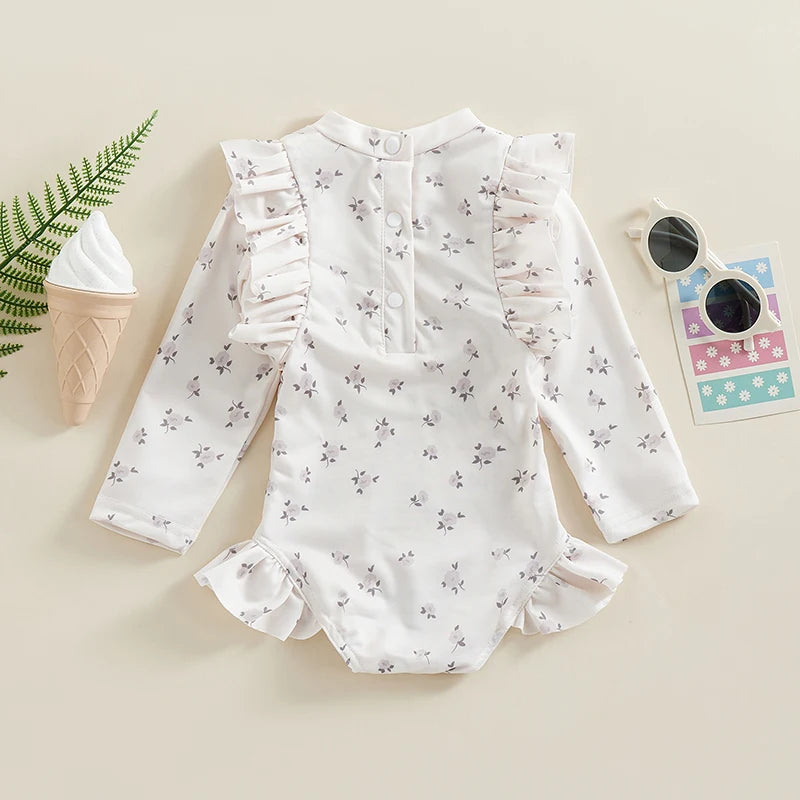 Tregren Kids Baby Girls Swimsuit Sweet Long Sleeve Crew Neck Floral Plaid Swimwear Summer Bathing Suit Swimming Pool Beachwear