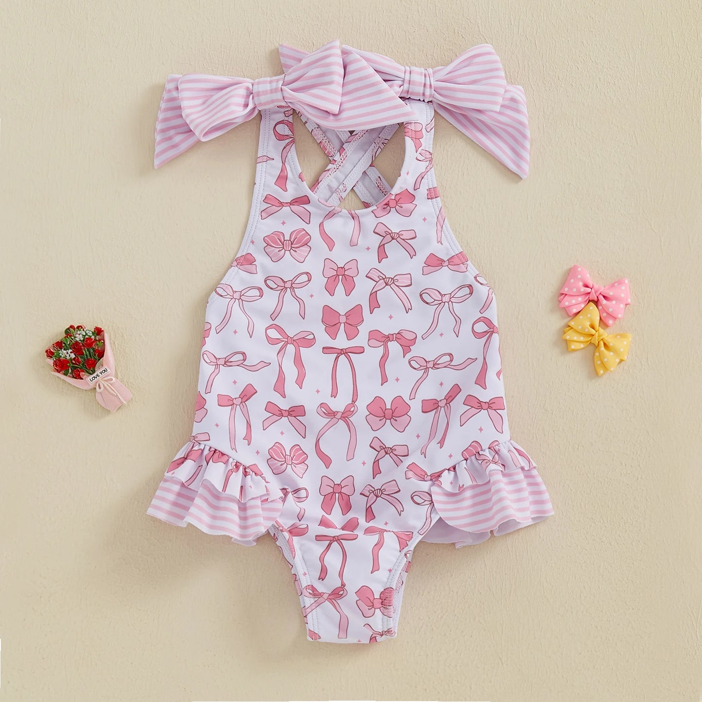 MISOWMNJOY Bows Kids Girls Swimsuit Princess Bowknot Print Ruffles Beachwear Sleeveless Cross Backless Summer Beach Bathing Suit