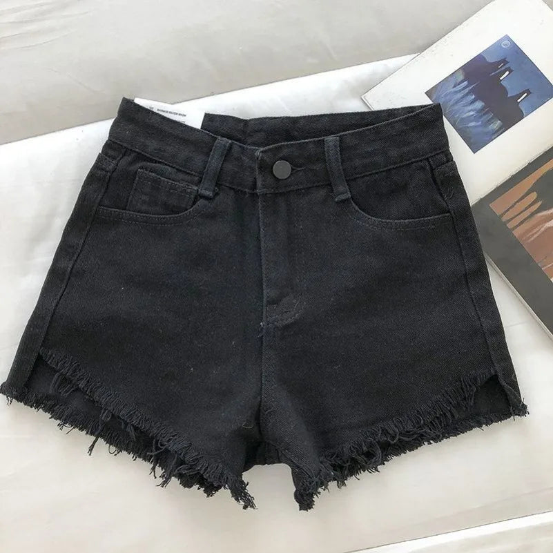 New Summer Women High Waist Raw Hem Denim Shorts
