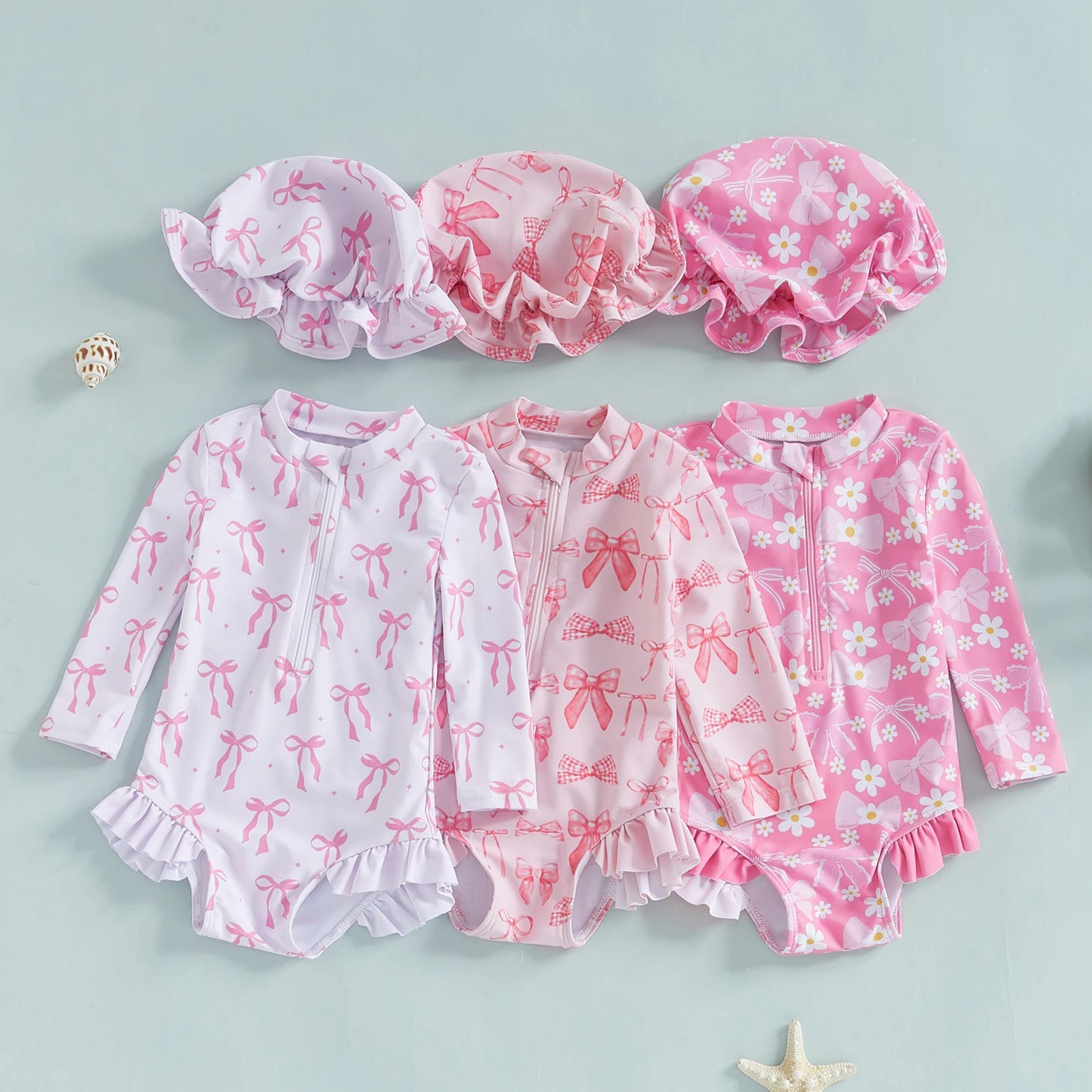 FOCUSNORM 0-3Y Lovely Infant Baby Girls Swimsuit Romper Long Sleeve O Neck Bow Print Bathing Suit Beach Swim Jumpsuits with Hat