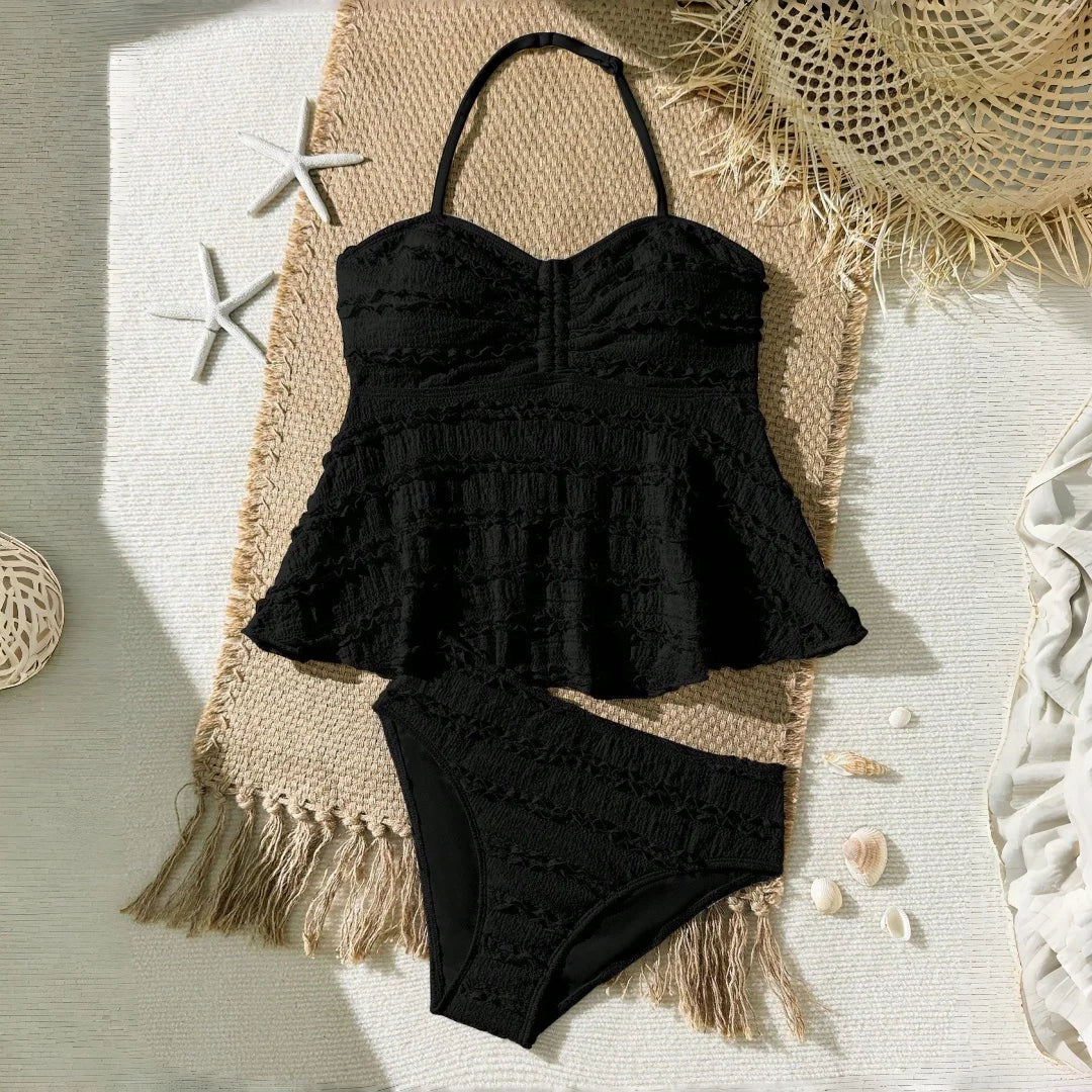 2pcs Tween Girl Black White Color Bikini Swimsuit Set Solid Color Swimwear For Children Girls for Summer Beach Holidays Outfit
