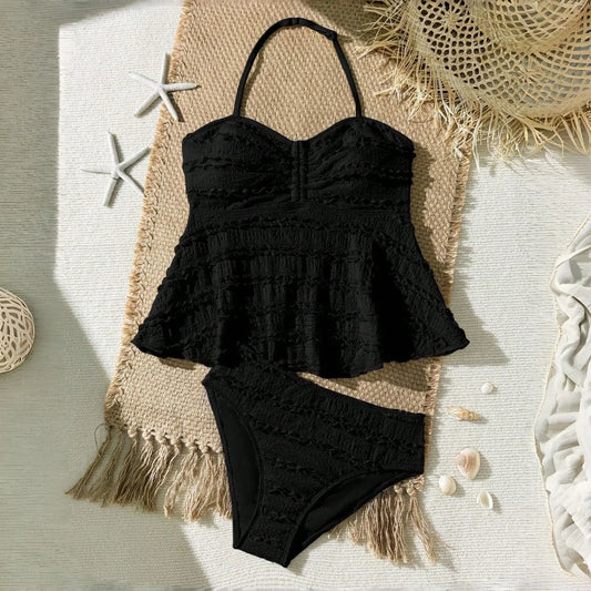 2pcs Tween Girl Black White Color Bikini Swimsuit Set Solid Color Swimwear For Children Girls for Summer Beach Holidays Outfit