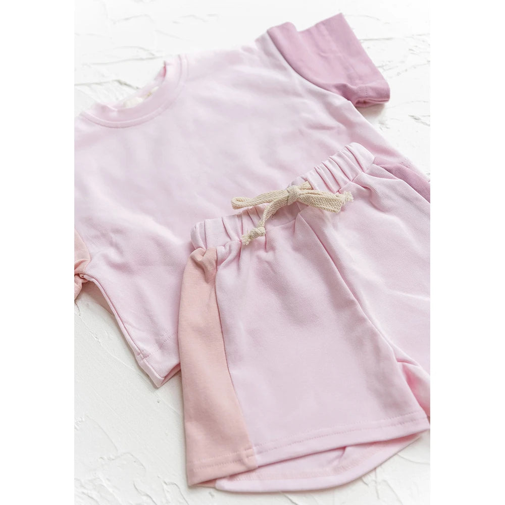 Summer Toddler Cotton Short Sleeve Top+Shorts Set Stitching Color Clothes