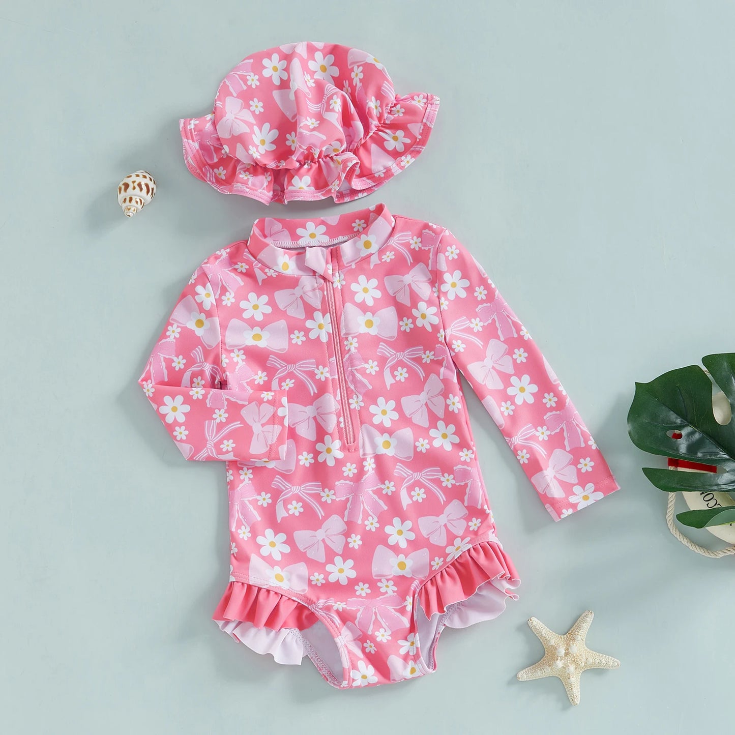 FOCUSNORM 0-3Y Lovely Infant Baby Girls Swimsuit Romper Long Sleeve O Neck Bow Print Bathing Suit Beach Swim Jumpsuits with Hat