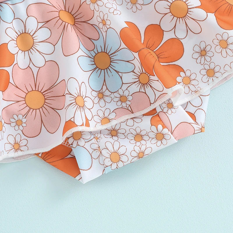 FOCUSNORM 0-4Y Toddler Kids Girls Swimsuit 2pcs Flowers Print One Shoulder Sleeveless Tops + Elastic Waist Swim Shorts