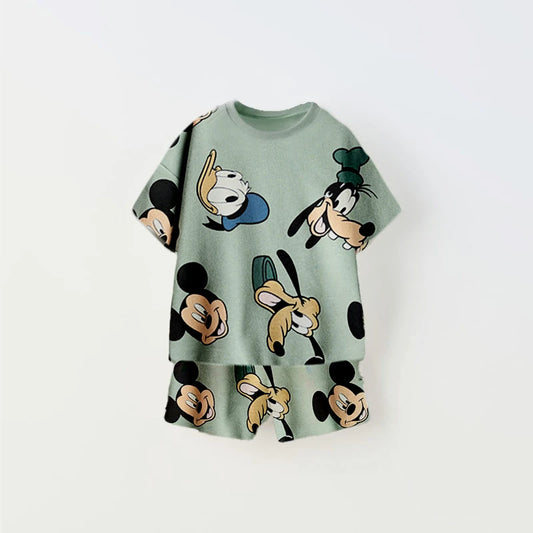 Cartoon Print Tshirt+Shorts Two Piece Set For Kids New Fashion Costume Boys And Girls Donald Duck Full Print Short Sleeve Shorts