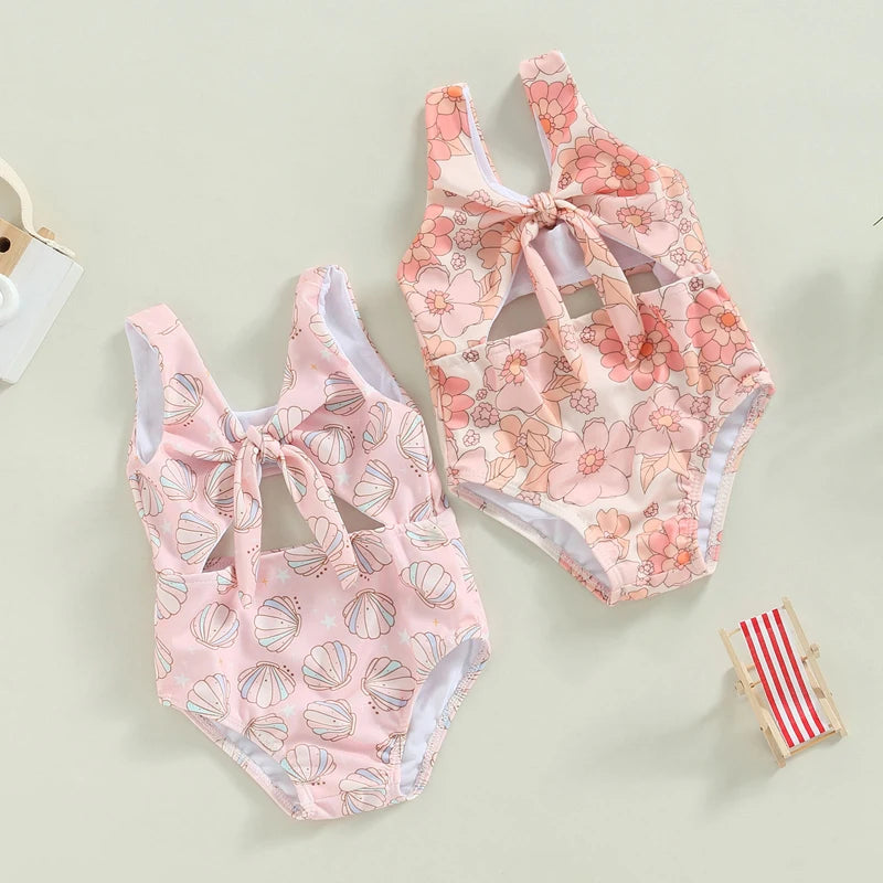 Toddler Baby Girls Swimsuit Summer Sleeveless Cute Floral/Shell Print Cutout Swimwear Swimming Pool Bathing Suit