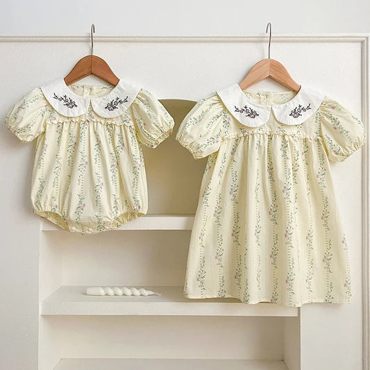 Summer Sister Baby Girls Flower Dresses Sister Matching Outfit Embroidery Collar Girl Baby Romper Princess Dress Toddler Romper