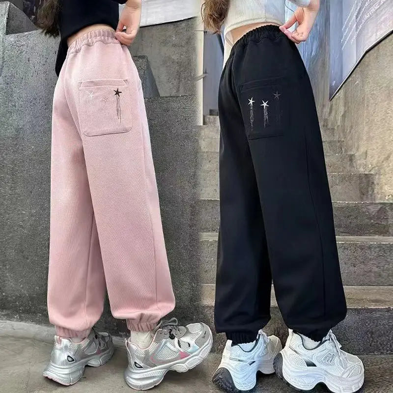 Spring Autumn Tween Girls Casual Sportswear Pants with Elastic Ankles, All-Season Gym Sweatpants for Kids