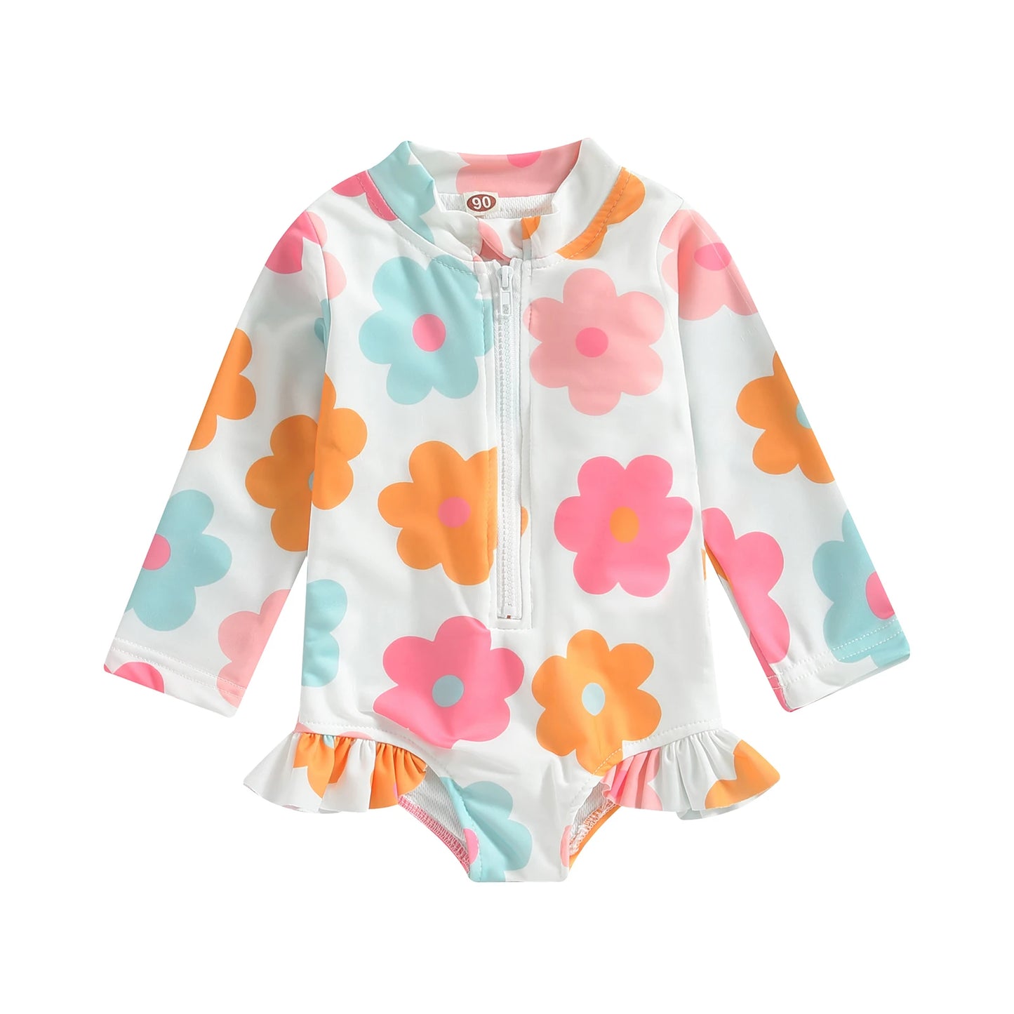 Tregren 1-5Y Toddler Kid Baby Girls Swimsuit Children Floral Print Zipper Swimwear Long Sleeve Beachwear Summer Bathing Suit