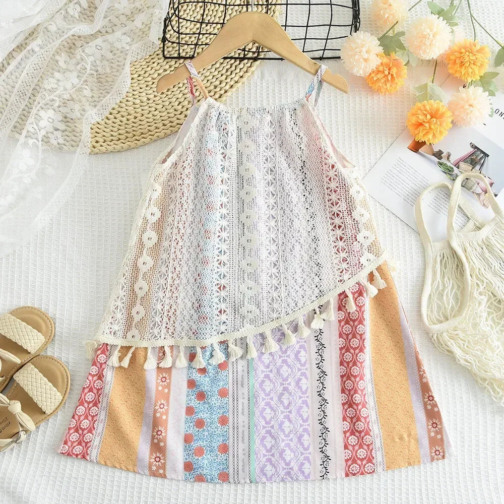 Bear Leader Summer Korean Version Girls Casual Dresses Printed Tassel Suspender Dress Sweet Cute Bohemian Style Kids Clothes